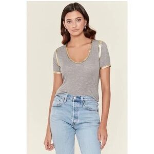 Zadig and Voltaire Tino Gold Tshirt Top Gold Foil Trimmed Shirt Vneck Sz S